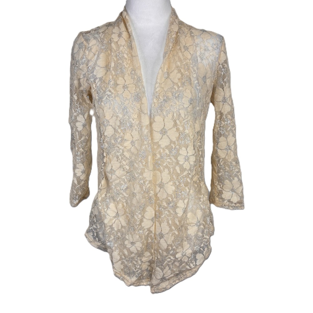 Charlotte Russe Lace Open Cardigan Women L Beige Silver Metallic Floral Wedding